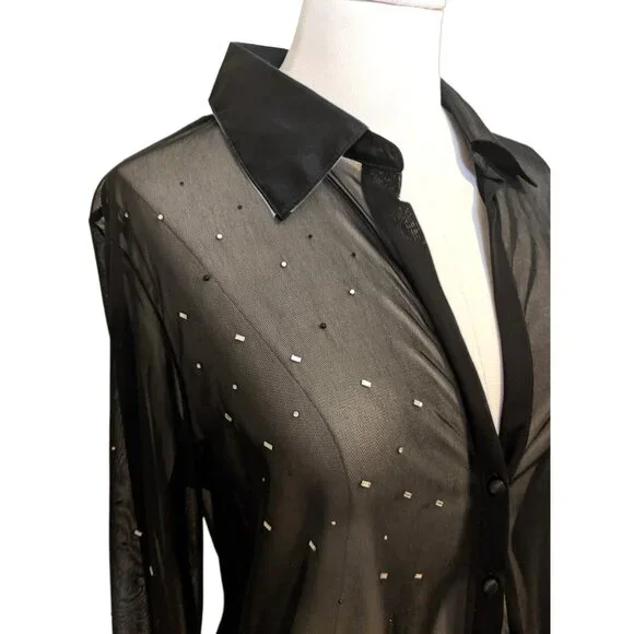 The Limited Black Mesh Beaded Blouse Sheer Button Up Gothic Whimsygoth XL - Picture 3 of 12